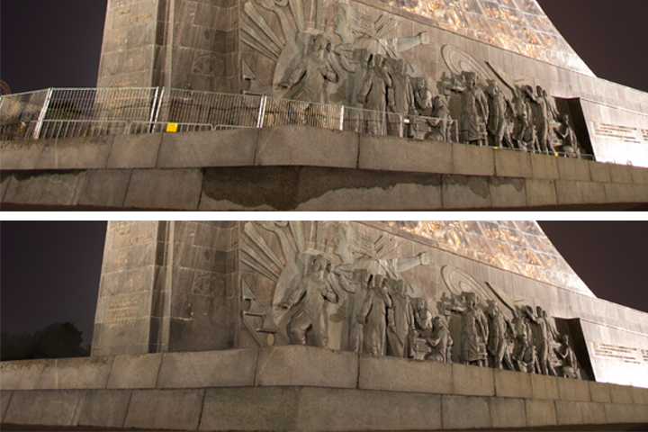 Убрать забор, который закрывает барельеф и надпись.