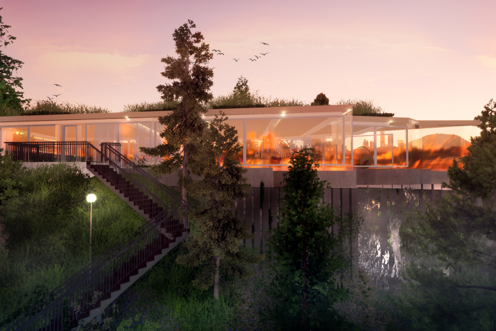 Визуализация реторана интегрированного в гору