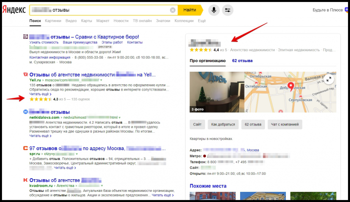 Яндекс. Поисковая выдача. Работа с отзывами (г.Москва)