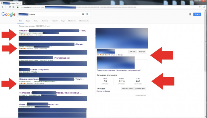 Выдача гугла о компании, после работы с отзывами (г.Москва)
