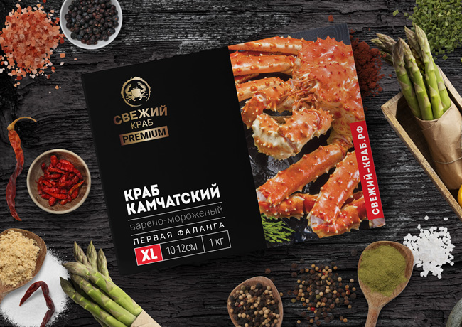 дизайн упаковки премиум-линейки крабового мяса Свежий Краб