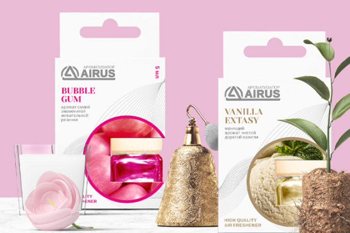 дизайн упаковки и логотипа для линейки ароматизаторов AIRUS