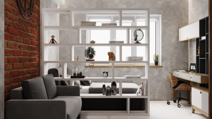 Общий план на комнату с акцентом на стеллаж