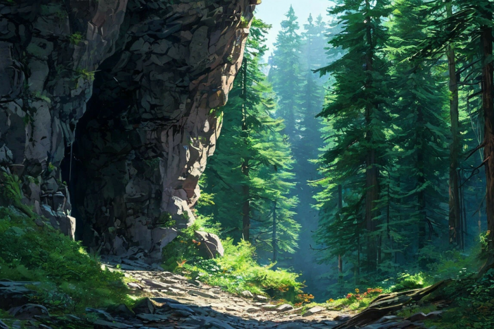 пещера в еловом лесу