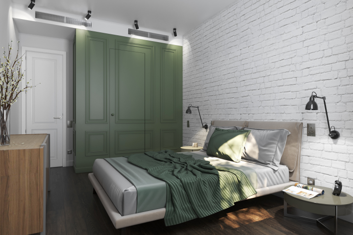 Визуализация спальни с гардеробной комнатой