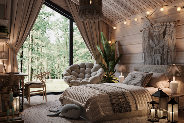 Интерьер детской в стиле Бохо в доме из бруса
