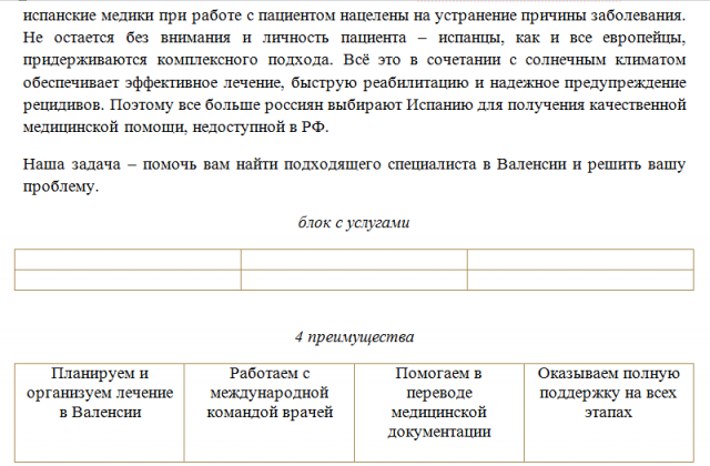 Текст и блоки для лендинга "Лечение в Валенсии"