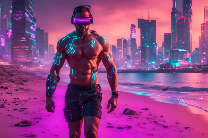 3D анимация гуляющего мужчины в стиле киберпанк