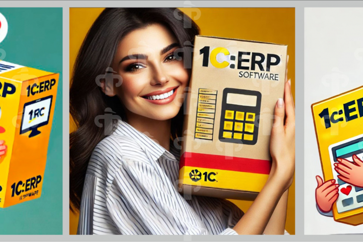 Радостный главный бухгалтер и коробка 1С в фирменных цветах