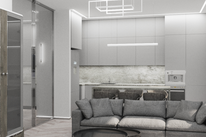 3D визуализация интерьера квартиры 72м2 в стиле минимализм