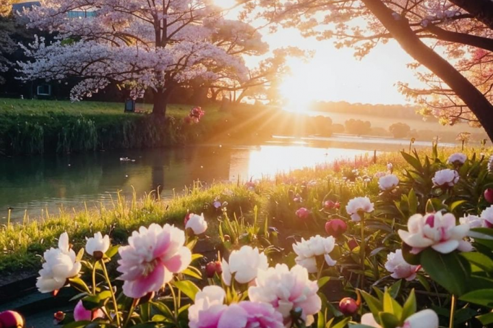 Поле с пионами и с сакурой