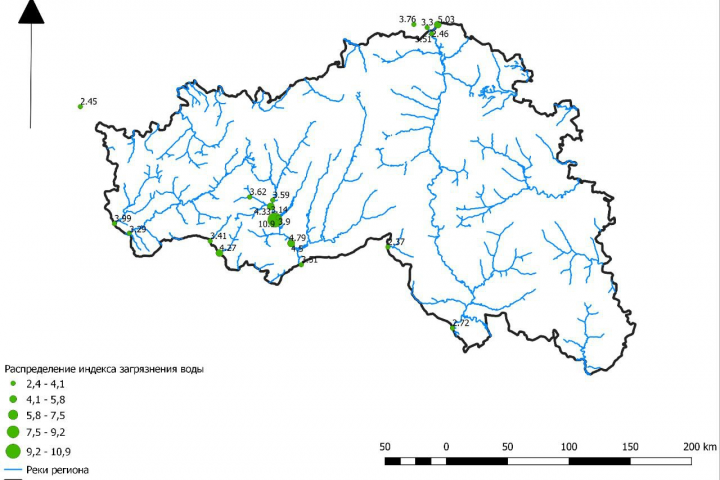 Карта-схема данных загрязнения рек