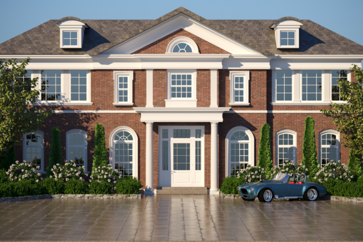 Визуализация фасада здания с ландшафтом