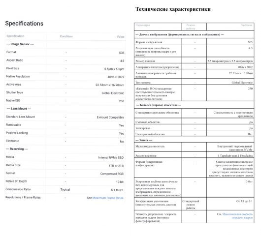 Перевод технических характеристик Freefly public