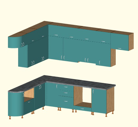 Угловая двухъярусная кухня