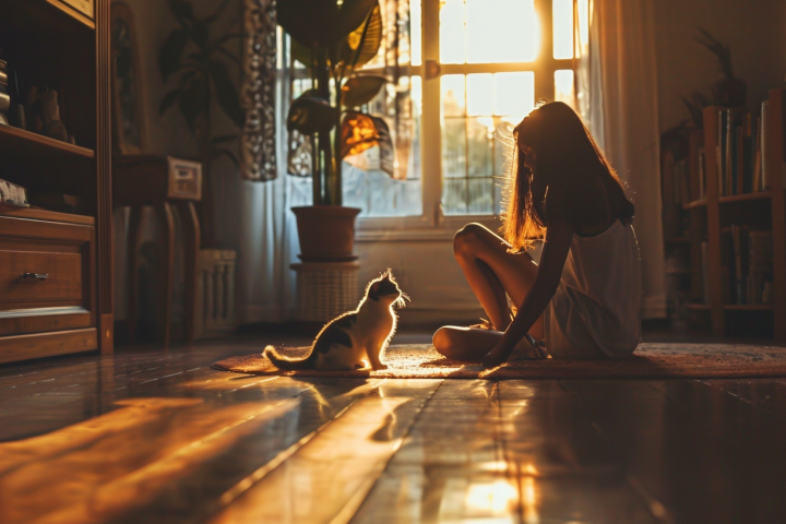 Девушка с кошкой в закатном солнце