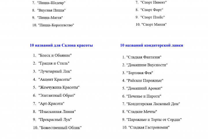 Нейминг для пиццерии и спортивного магазина