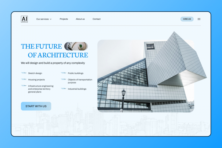 Дизайн концепт первого экрана для архитектурной компании