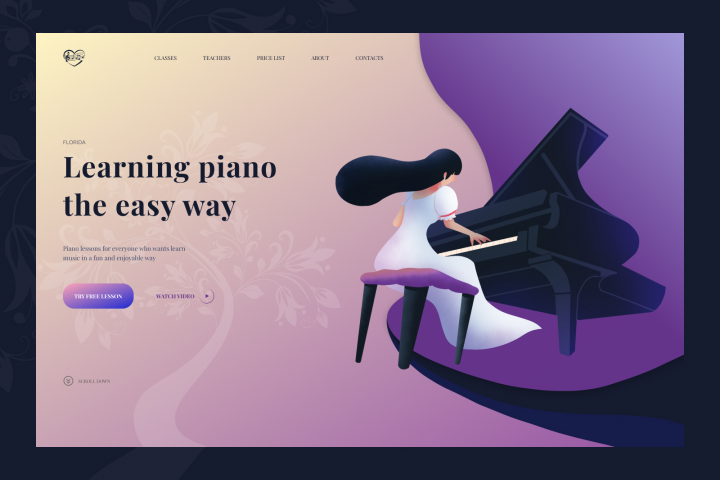 Дизайн концепт первого экрана для музыкальной школы