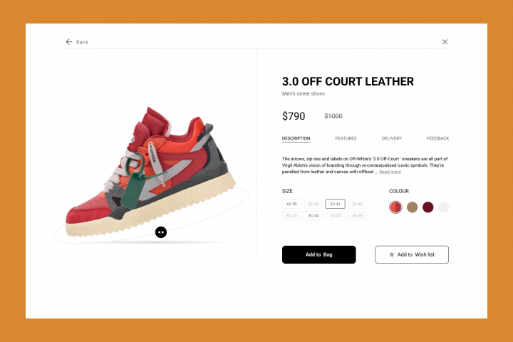 Дизайн концепт карточки товара на сайте обуви