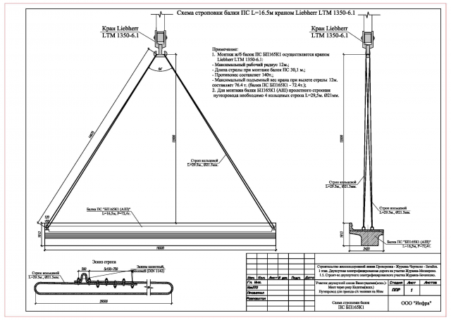 Схема строповки балки ПС моста L=16.5 м.