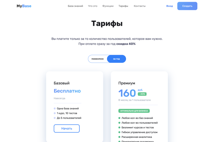 Страница "Тарифы" для Базы знаний для бизнесов