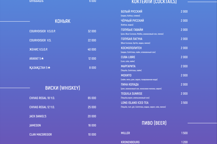 Меню для бара гостиницы
