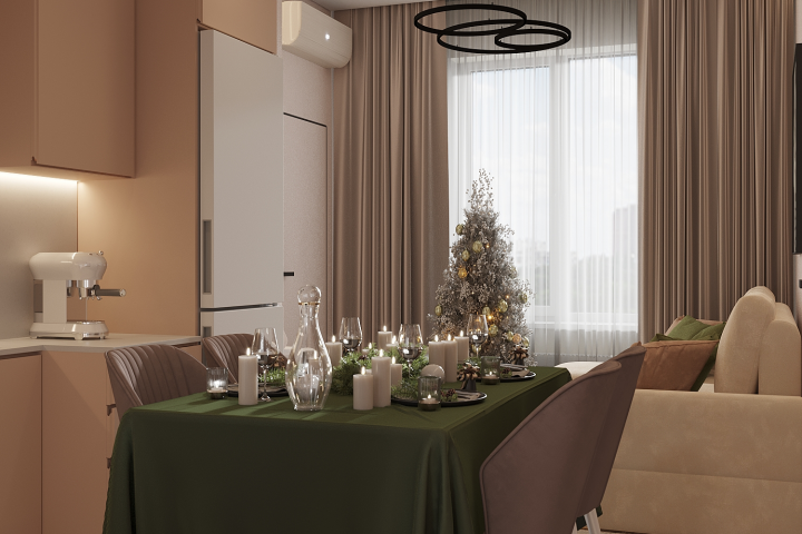 Кухня-гостиная в новогодем оформлении