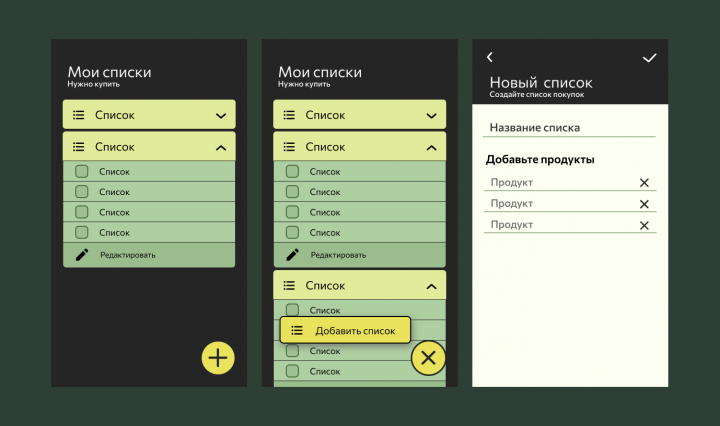 разработка дизайна андроид-приложения для планирования покупок.