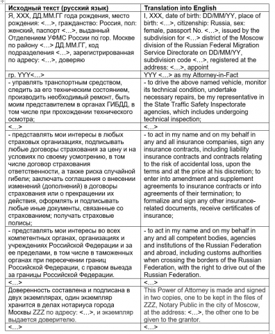 Доверенность на распоряжение автомобилем (рус.-англ.)