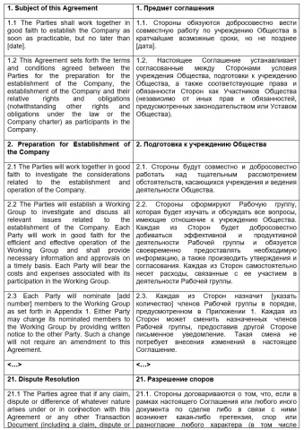 Соглашение об учреждении акционерного общества (англ.-рус.)