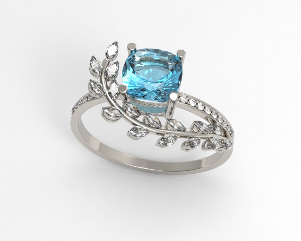 Golden ring with aquamarine and diamonds