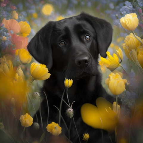 Собака в цветах.