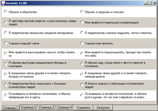 Интерфейс программы Socionic.exe