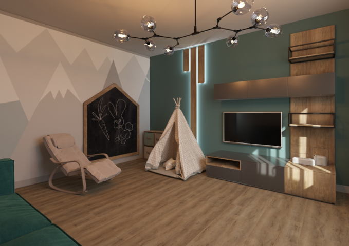 Гостиная в квартире семьи с маленьким ребенком