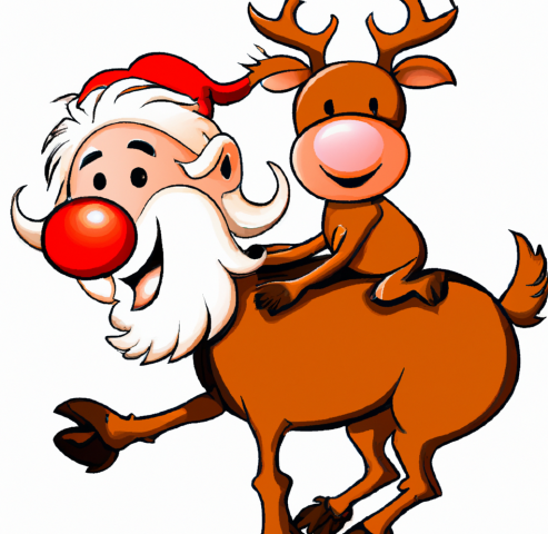 Санта Клаус тащит на спине довольного оленя