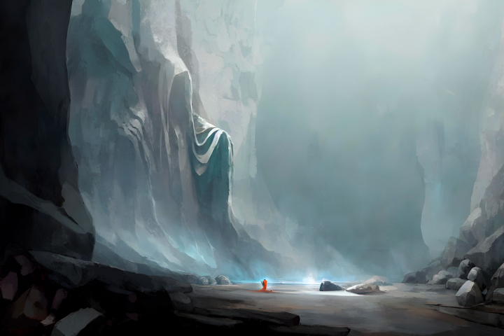 Tired warrior found an ancient statue in a cave