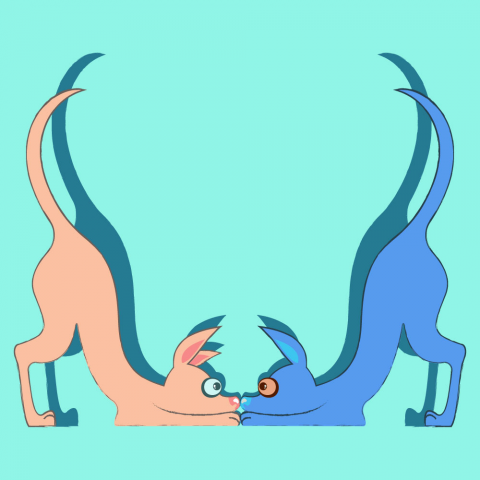 Cartoon personage. Two dogs. Meeting. Letter M
