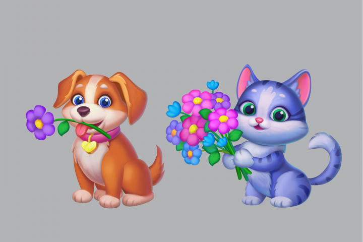 Кот с цветком и собачка с цветком