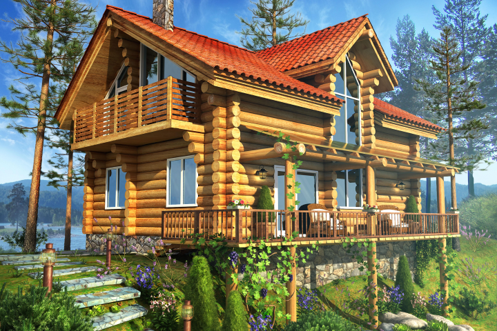 Дом из кедра на рельефе