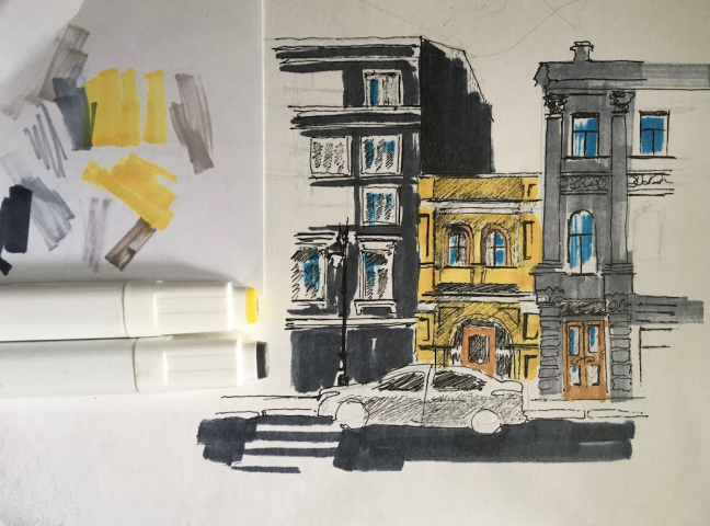 архитектурный скетч маркером