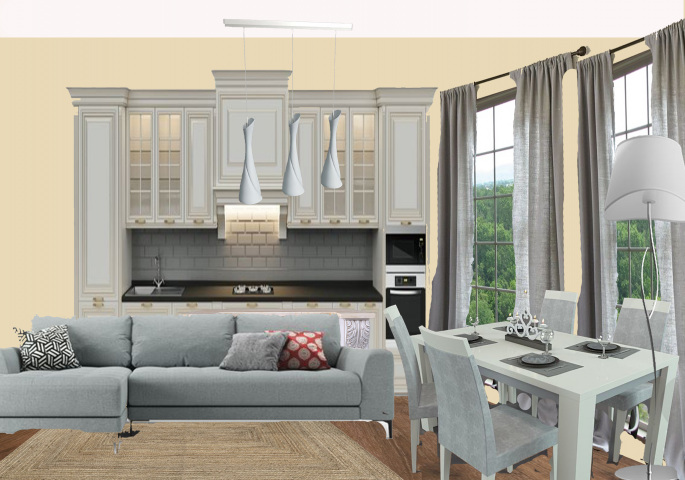 Коллаж кухни-гостиной в коттедже