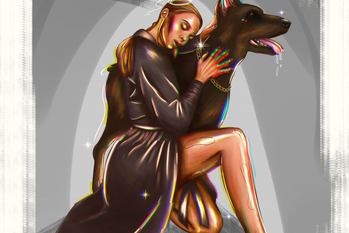 Арт с девушкой и доберманом