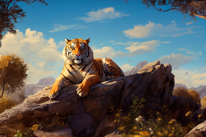 Тигр лежащий на скале дозалитый в фотошопе