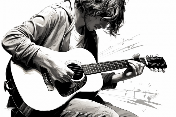 Гитарист на белом фоне дозалитый в фотошопе