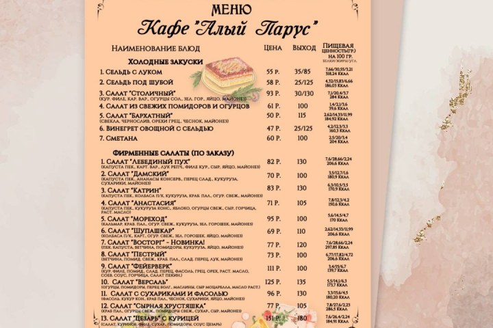 Меню для кафе