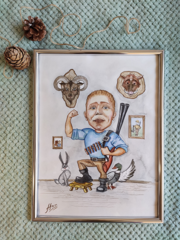 Шарж "Охотник" Формат А3. Акварель