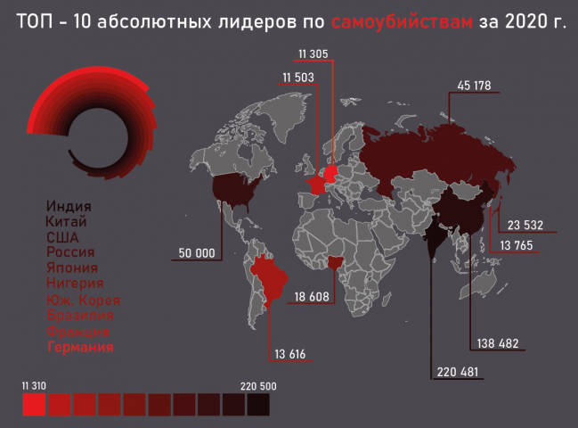 Инфографика на тему "10 лидеров по самоубийствам за 2020год"