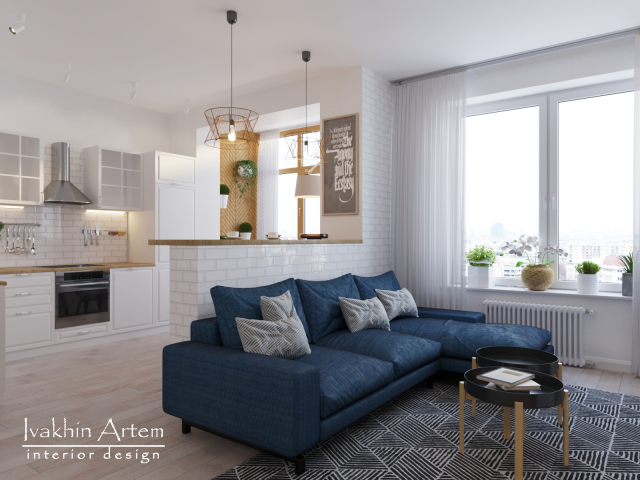 дизайн кухни-гостиной в скандинавском стиле