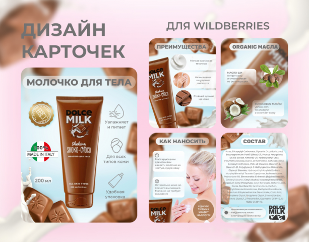 ПРОДАЮЩИЙ дизайн карточек молочка для тела на Wildberries